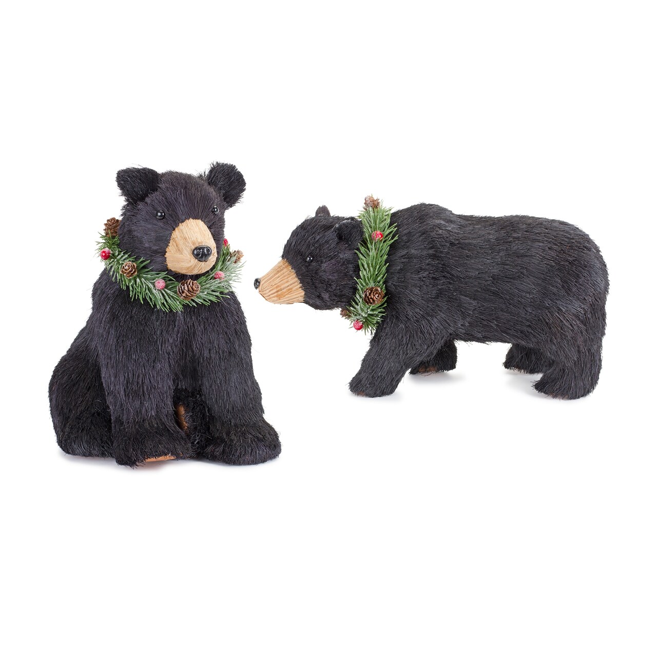 Melrose Set of 2 Black and Brown Bear with Wreath Christmas Figurines 13"